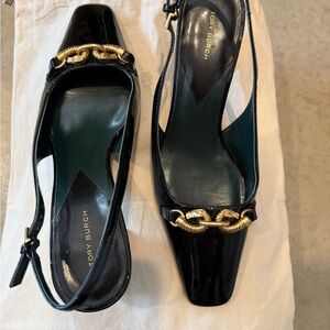 Tory Burch Black and Gold Horse Head Head accents Slingback Heels